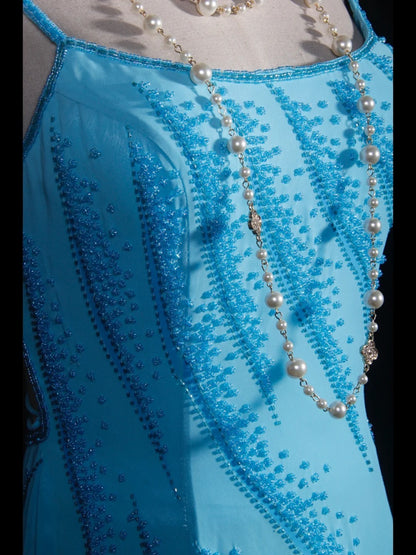 Robe de bal vintage années 50, style sirène, bretelles spaghetti, dos nu, en mousseline bleu ciel clair, robe de soirée longue AS247