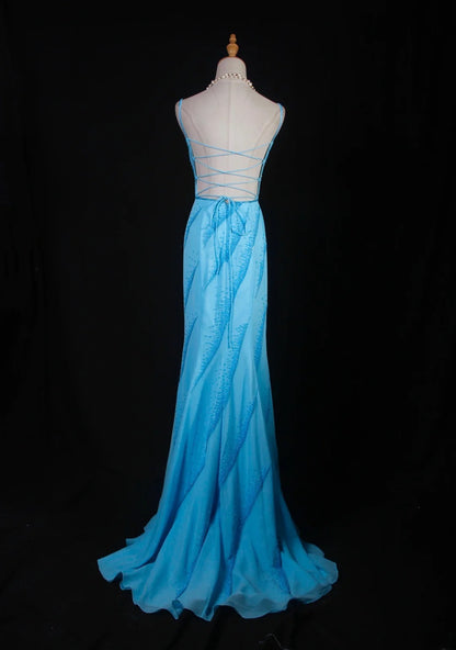 Robe de bal vintage années 50, style sirène, bretelles spaghetti, dos nu, en mousseline bleu ciel clair, robe de soirée longue AS247