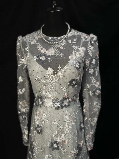 Vintage 90s Prom Dresses A Line Scoop Lace With Long Sleeves Party Gown Formal Outfits RB6100