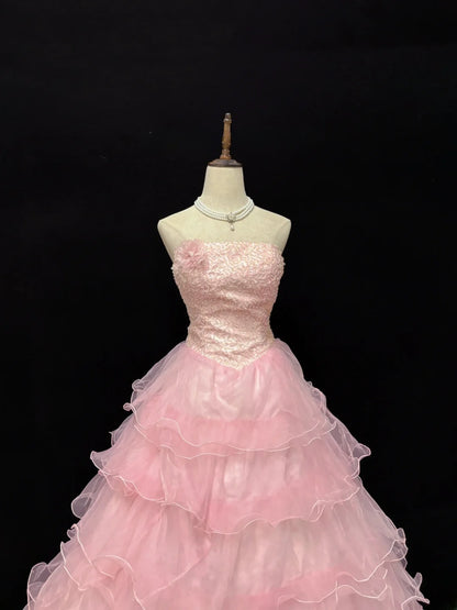 Elegant Ball Gowns Strapless Pink Poofy Long With Tiered Layers Tulle Quince Dress Sweet 16 Ideas Quinceanera Dresses Vestidos De 15 anos RB7647
