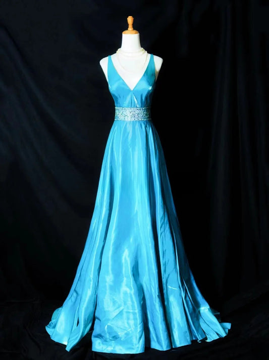Beautiful Prom Dresses A Line V Neckline Blue Satin With Backless Beading Long Formal Outfits RB6101