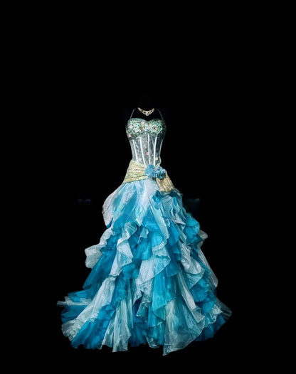 Vintage Ball Gown Halter Blue Chiffon Long Prom Dress With Tiered Inspiration Party For Womens Formal Dresses RB8881