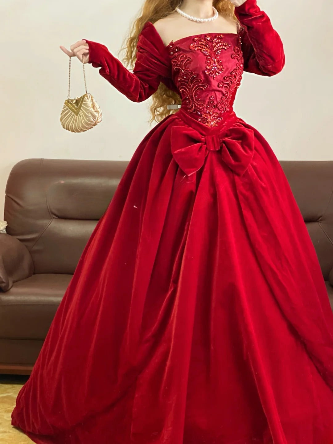 Quinceanera Dress Velvet With Long Sleeves Red Ball Gown Sweet 15 Gown RB9165