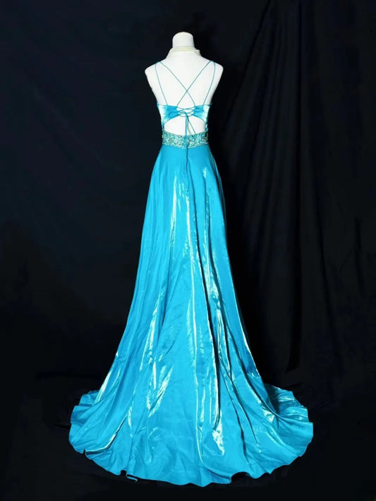 Beautiful Prom Dresses A Line V Neckline Blue Satin With Backless Beading Long Formal Outfits RB6101
