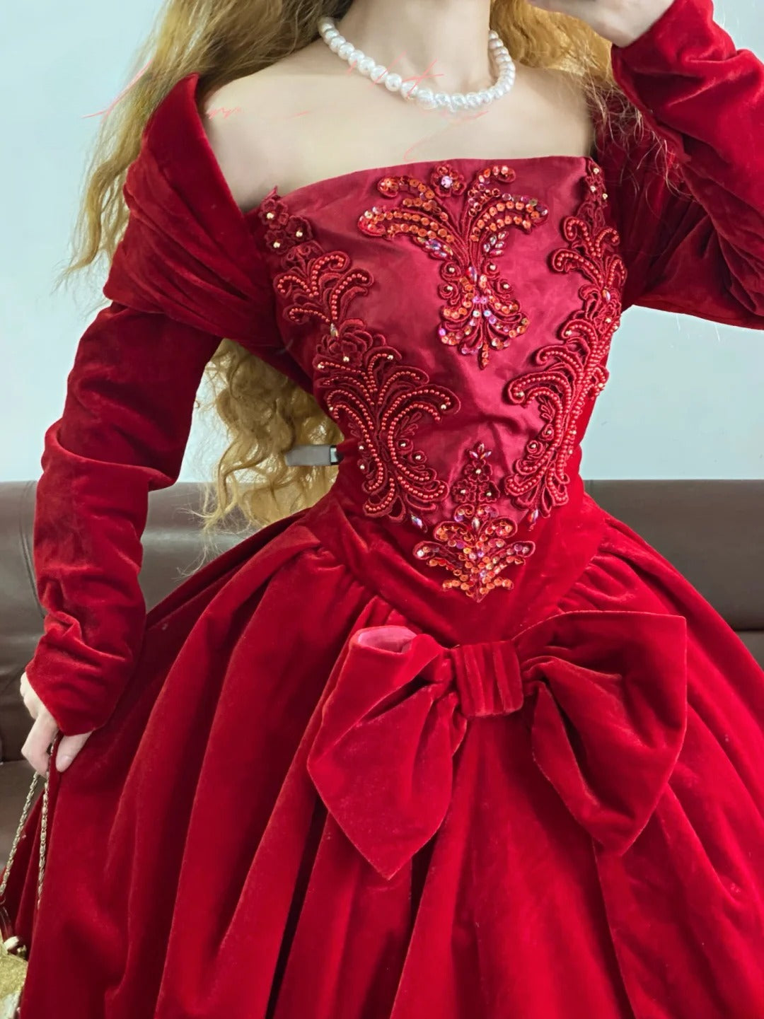 Quinceanera Dress Velvet With Long Sleeves Red Ball Gown Sweet 15 Gown RB9165