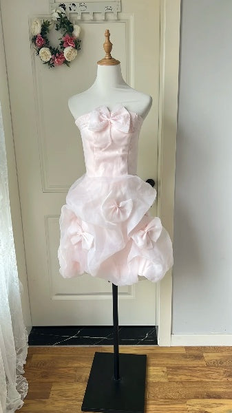 Pink Hoco Dress Ball Gown Strapless Organza Short Homecoming 17th Birthday Party Dress RC0587