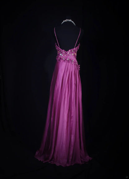 Robe de bal élégante années 1950, coupe trapèze, bretelles spaghetti, tulle couleur raisin, robe de soirée longue AS249