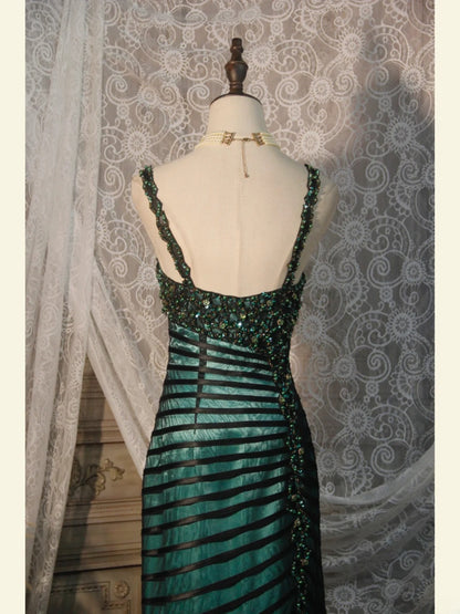 Classy Prom Dresses 1950s Mermaid Spaghetti Straps Dark Green Tulle Long Parties Gowns Evening Dress AS250