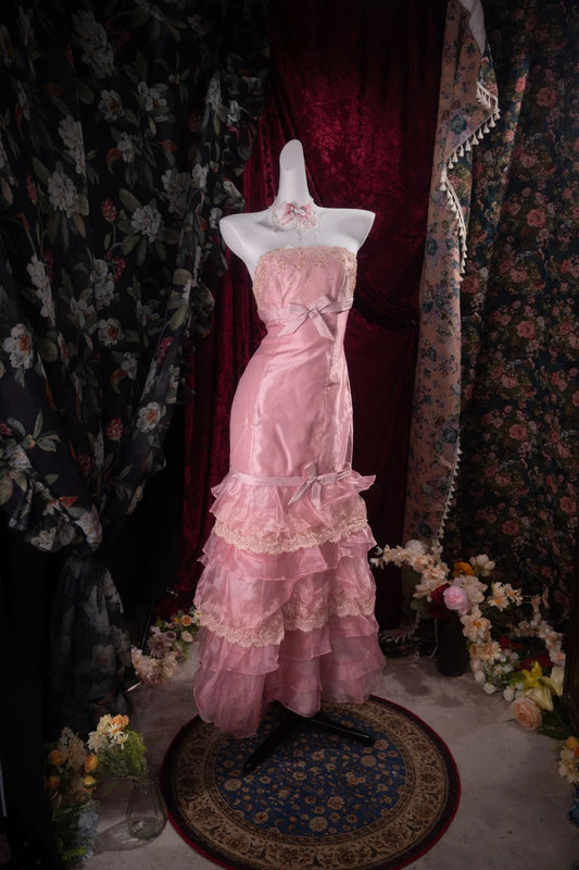 Modest Mermaid Strapless Pink Organza With Appliqued High School Dances Prom Dresses Formal Outfits Evening Gown RB8511