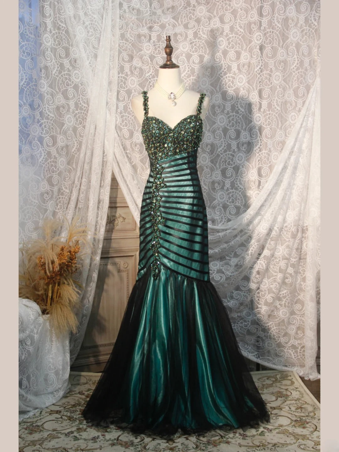 Classy Prom Dresses 1950s Mermaid Spaghetti Straps Dark Green Tulle Long Parties Gowns Evening Dress AS250