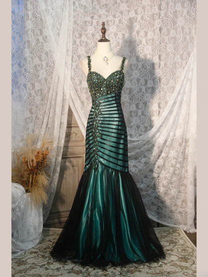 Classy Prom Dresses 1950s Mermaid Spaghetti Straps Dark Green Tulle Long Parties Gowns Evening Dress AS250