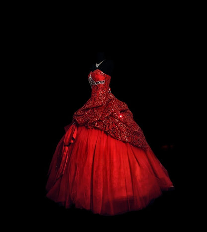 Modest Ball Gown Sweetheart Red Tulle Long Quinceanera Dresses With Bow For Sweet 15 15 Anos Celebration Birthday Formal Gown RB8883