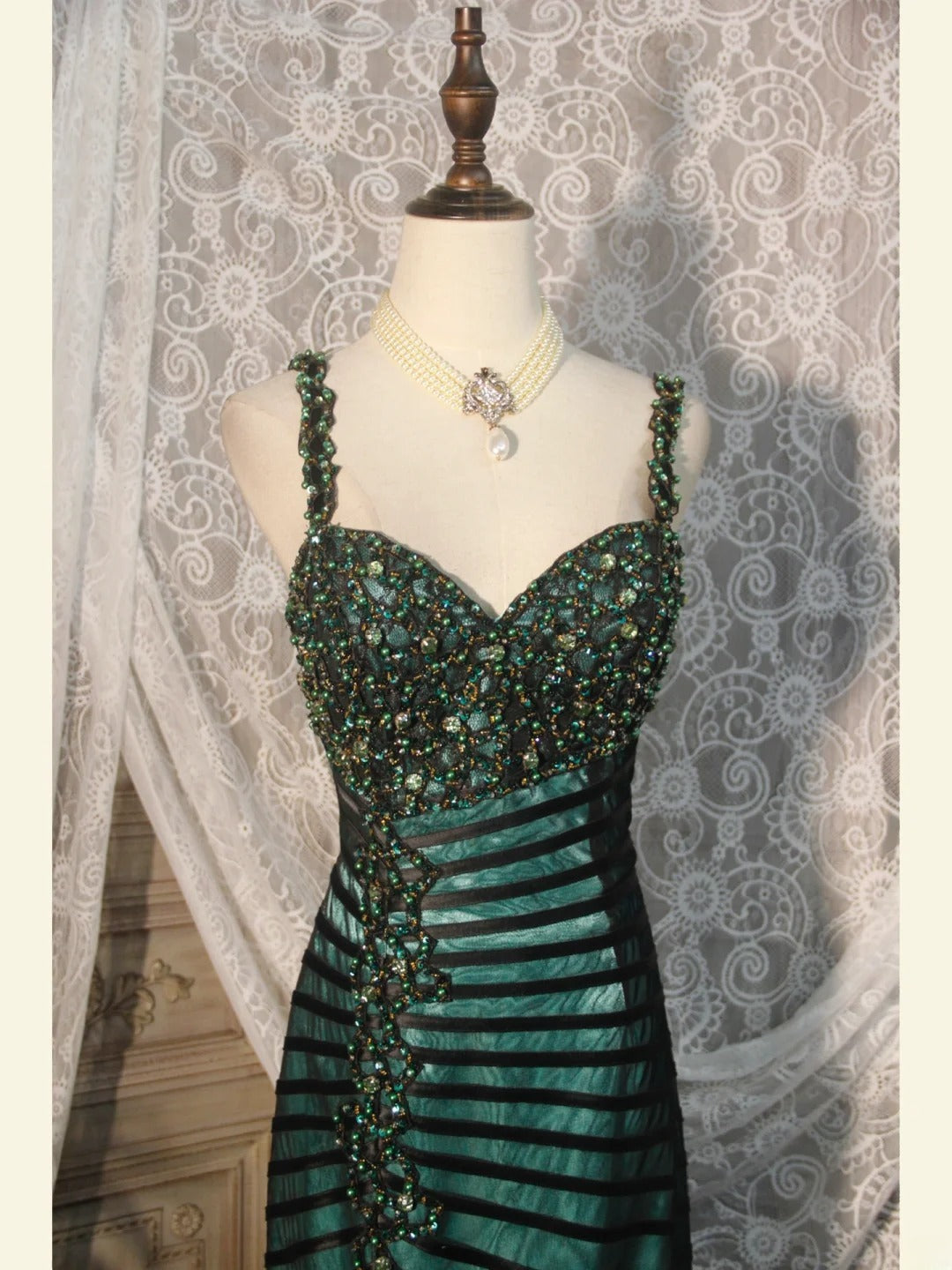 Classy Prom Dresses 1950s Mermaid Spaghetti Straps Dark Green Tulle Long Parties Gowns Evening Dress AS250