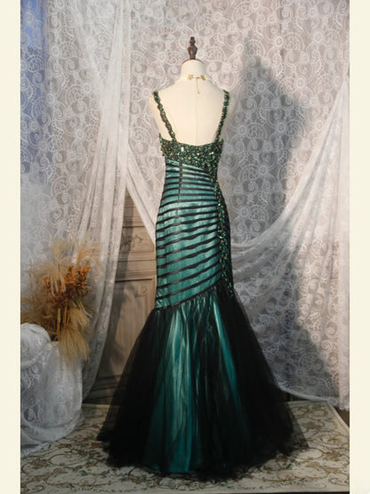 Classy Prom Dresses 1950s Mermaid Spaghetti Straps Dark Green Tulle Long Parties Gowns Evening Dress AS250
