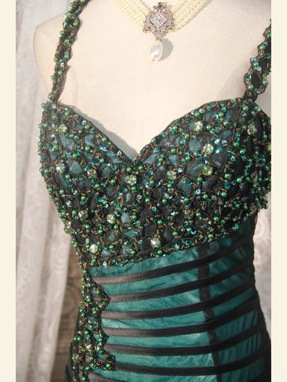Classy Prom Dresses 1950s Mermaid Spaghetti Straps Dark Green Tulle Long Parties Gowns Evening Dress AS250