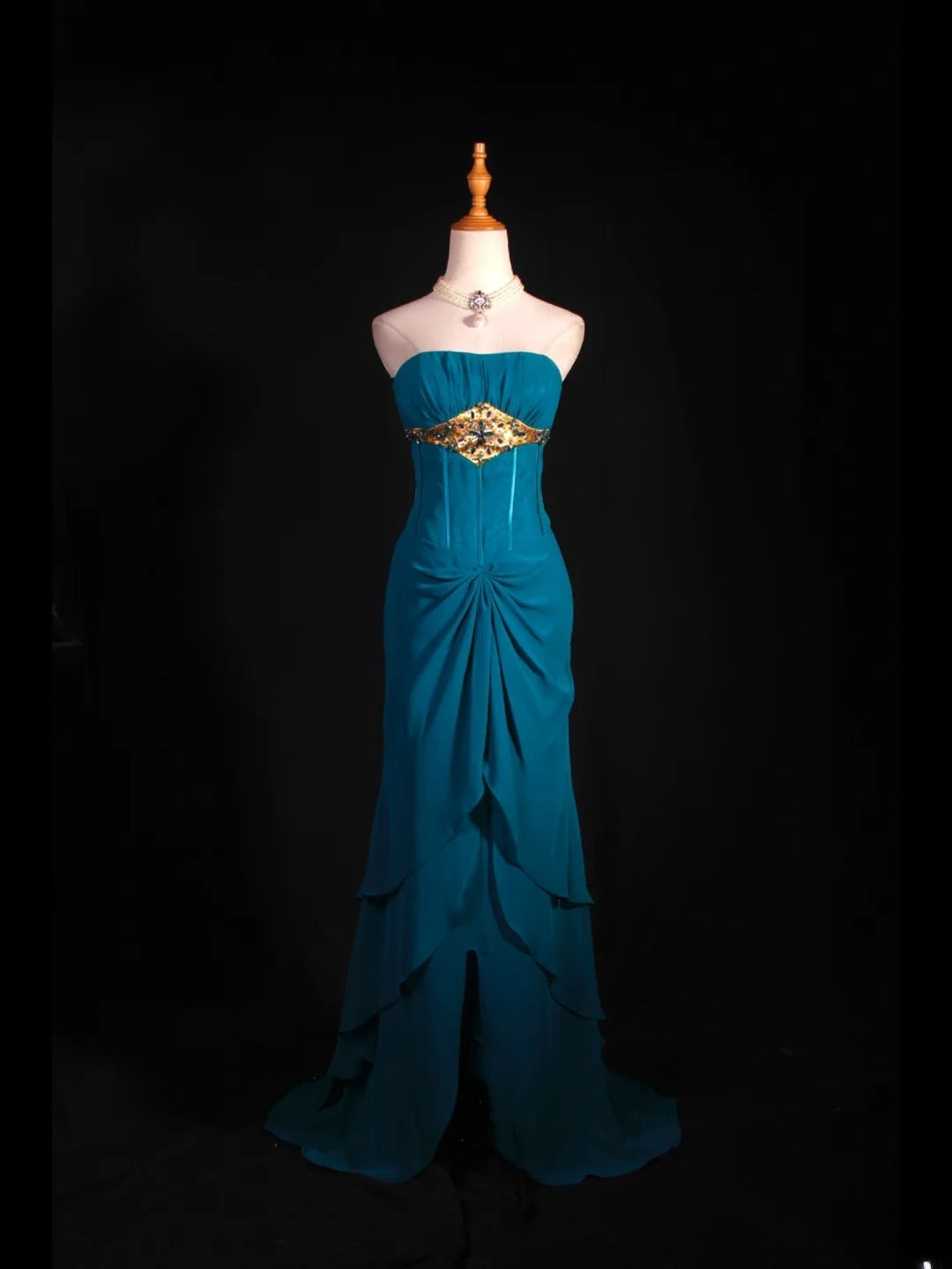 Robe de bal vintage sirène bustier en mousseline bleue longue, style années 1950, tenue de soirée, AS251