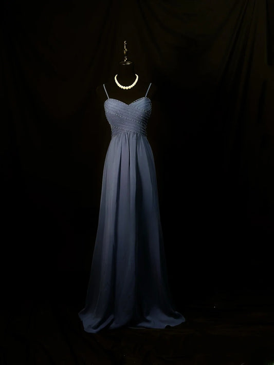 Beautiful Prom Dresses A Line Spaghetti Strap Navy Blue Chiffon With Beading Long Formal Outfits RB6103