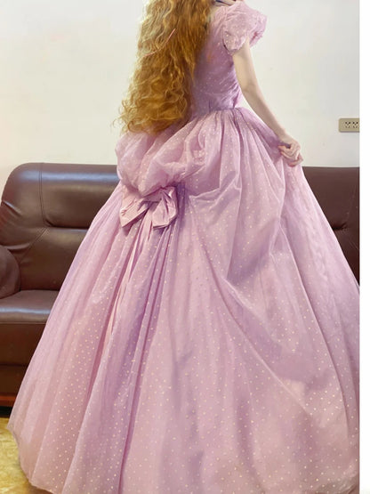 Quinceanera Dress Square Neck Lilac Polks Dots With Sleeves Ball Gown Sweet 15 Gown RB9167