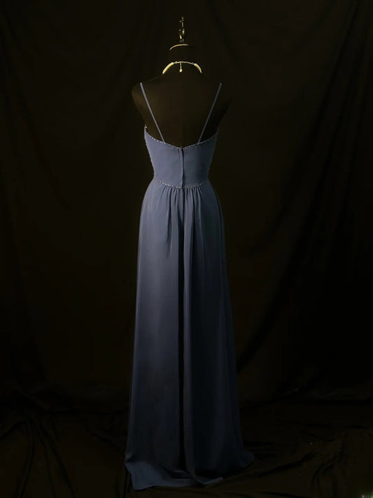 Beautiful Prom Dresses A Line Spaghetti Strap Navy Blue Chiffon With Beading Long Formal Outfits RB6103