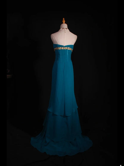 Robe de bal vintage sirène bustier en mousseline bleue longue, style années 1950, tenue de soirée, AS251