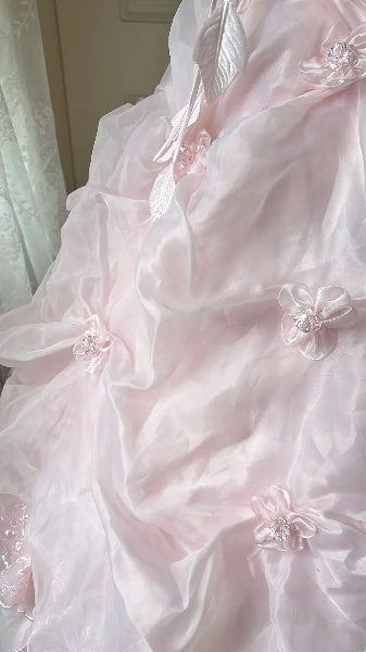 Elegant Sweet 16 Dress Long Strapless Pink With Lace Appliqued Tiered Ball Gown Sweet Sixteen Party Birthday Dresses RC0591