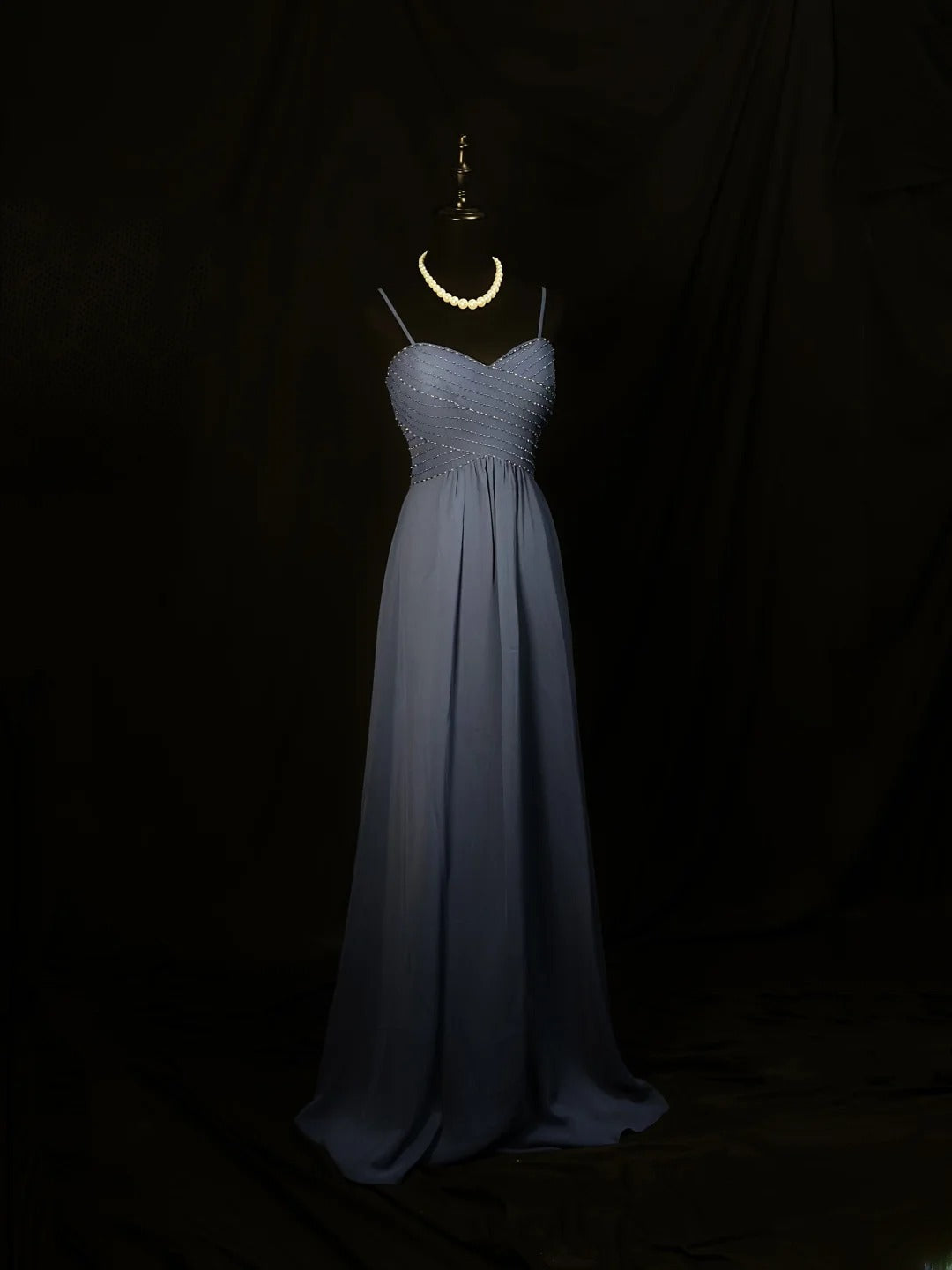 Beautiful Prom Dresses A Line Spaghetti Strap Navy Blue Chiffon With Beading Long Formal Outfits RB6103