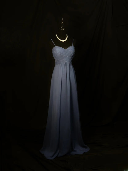 Beautiful Prom Dresses A Line Spaghetti Strap Navy Blue Chiffon With Beading Long Formal Outfits RB6103
