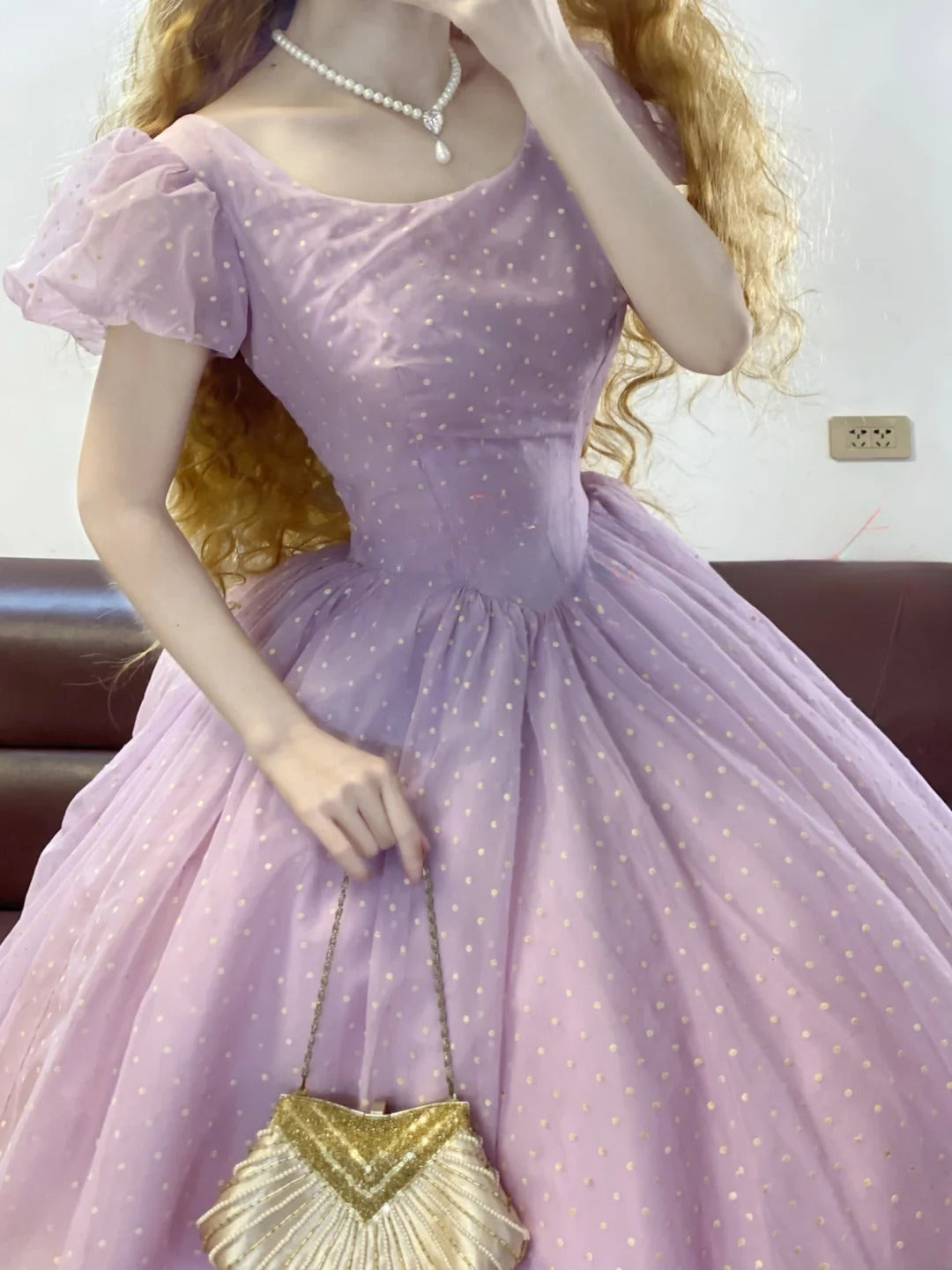 Quinceanera Dress Square Neck Lilac Polks Dots With Sleeves Ball Gown Sweet 15 Gown RB9167