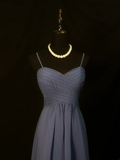 Beautiful Prom Dresses A Line Spaghetti Strap Navy Blue Chiffon With Beading Long Formal Outfits RB6103