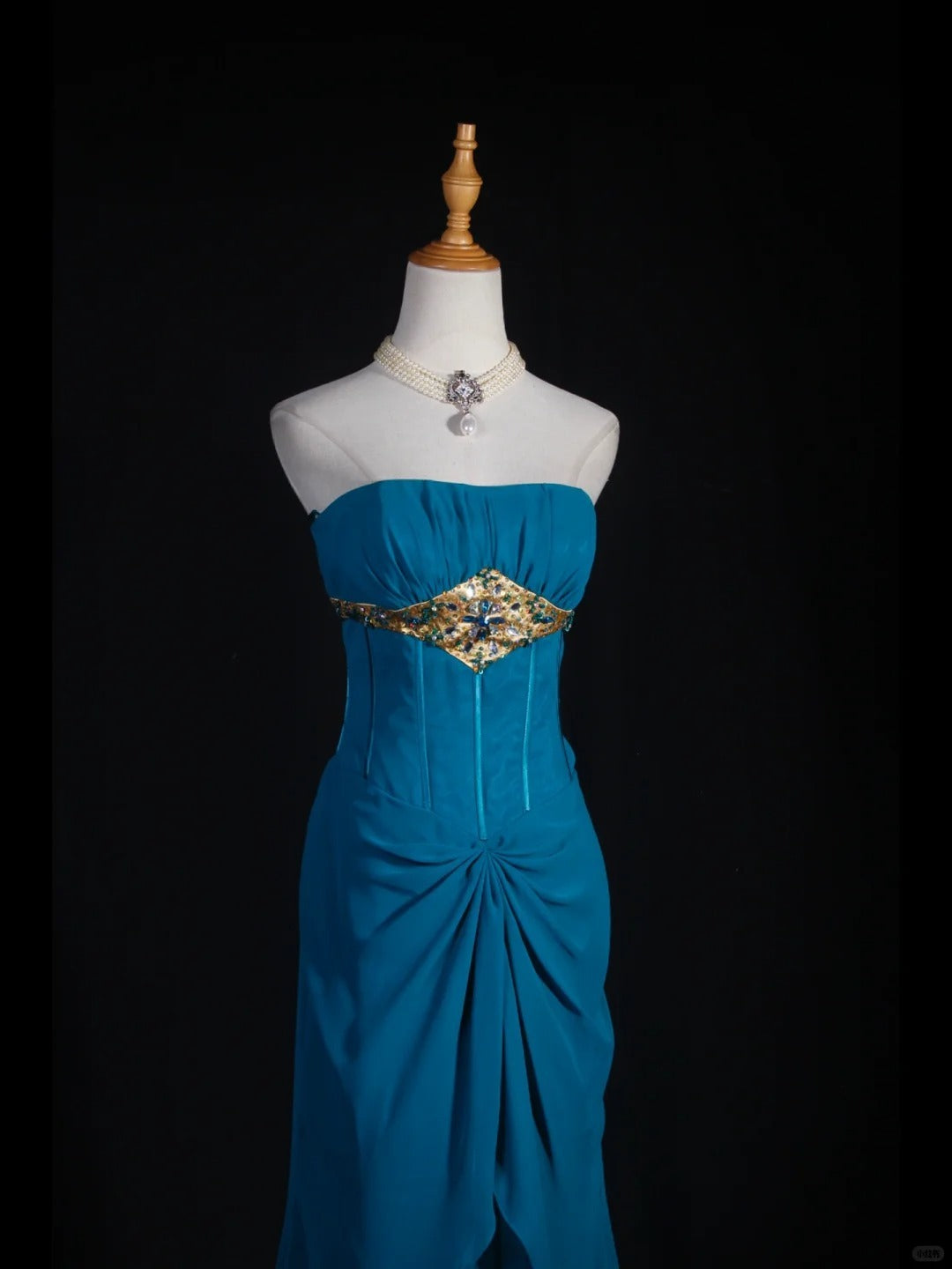Robe de bal vintage sirène bustier en mousseline bleue longue, style années 1950, tenue de soirée, AS251