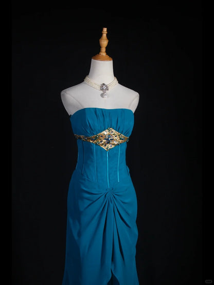 Robe de bal vintage sirène bustier en mousseline bleue longue, style années 1950, tenue de soirée, AS251