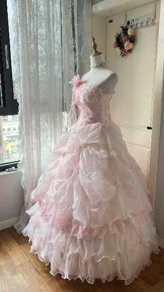 Elegant Sweet 16 Dress Long Strapless Pink With Lace Appliqued Tiered Ball Gown Sweet Sixteen Party Birthday Dresses RC0591