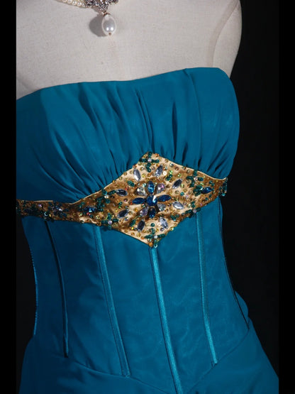 Robe de bal vintage sirène bustier en mousseline bleue longue, style années 1950, tenue de soirée, AS251