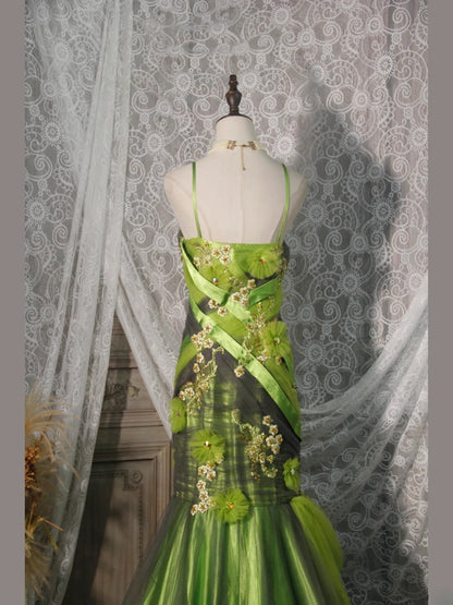Robe de bal élégante années 50, sirène, bretelles spaghetti, tulle vert, longue robe de soirée AS252