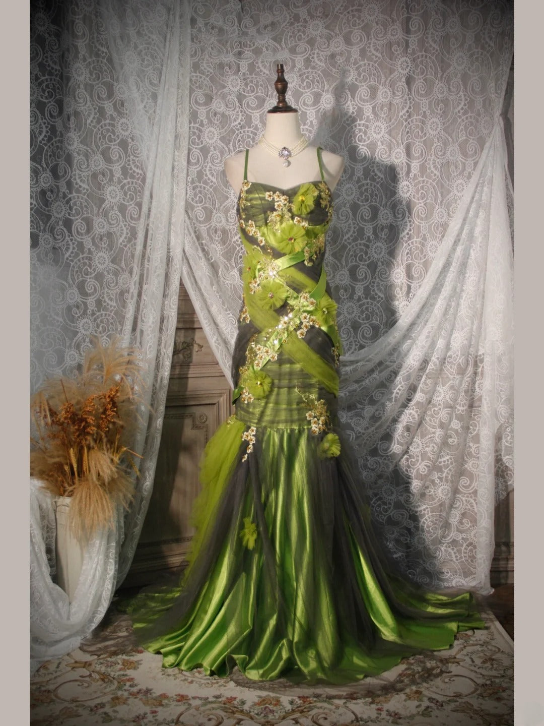 Robe de bal élégante années 50, sirène, bretelles spaghetti, tulle vert, longue robe de soirée AS252