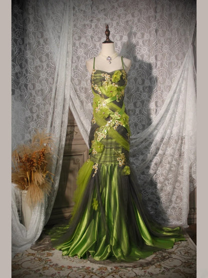 Robe de bal élégante années 50, sirène, bretelles spaghetti, tulle vert, longue robe de soirée AS252