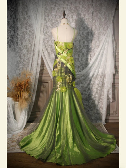 Robe de bal élégante années 50, sirène, bretelles spaghetti, tulle vert, longue robe de soirée AS252