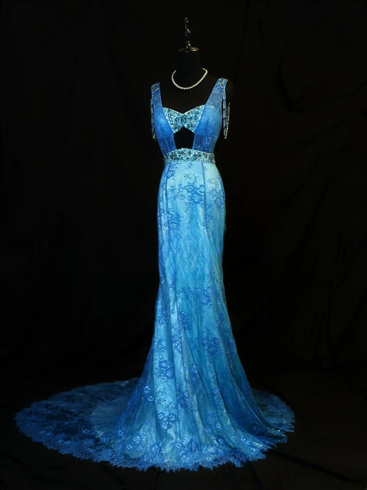 Vintage 90s Prom Dresses Mermaid V Neckline Blue Lace With Beading Party Gown Formal Outfits RB6104