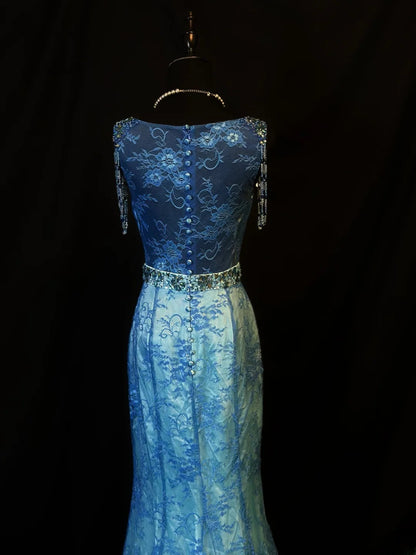 Vintage 90s Prom Dresses Mermaid V Neckline Blue Lace With Beading Party Gown Formal Outfits RB6104
