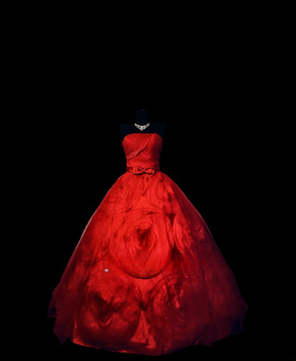 Modest Ball Gown Strapless Red Tulle Long Quinceanera Dresses With Flowers For Sweet 15 15 Anos Celebration Birthday Formal Gown RB8884