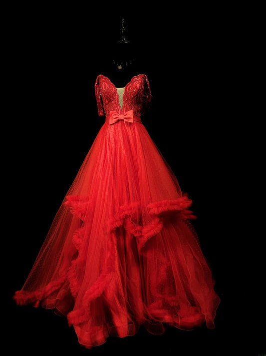 Vintage 90s Prom Dresses Ball Gown Off The Shoulder Red Tiered Layers With Beading Party Gown Formal Outfits RB6105