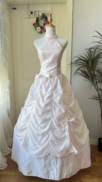 Sweet 15 Quinceanera Dress Ball Gown High Neck Pink Satin With Ruffled Long 15th Birthday Outfits RC0593