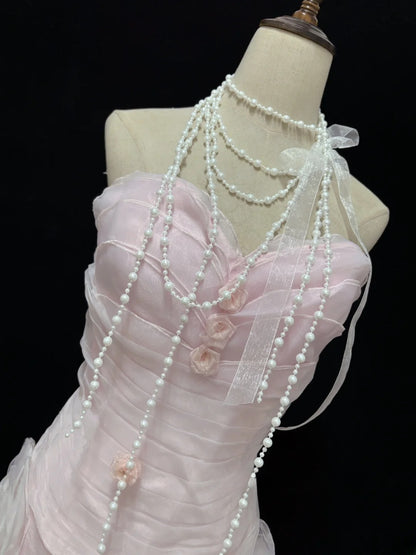 Modest Mermaid Sweetheart Pink With 3D Flowers Long Prom Dress Formal Outfits Evening Night Dresses RB7654