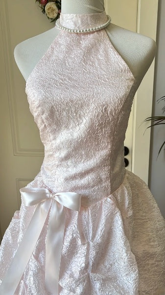 Sweet 15 Quinceanera Dress Ball Gown High Neck Pink Satin With Ruffled Long 15th Birthday Outfits RC0593