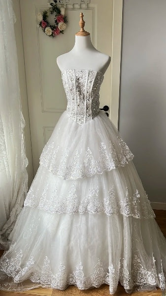 Chic Wedding Dress Ball Gown Strapless Tulle Lace With Tiered Layers Long Bridal Gown RC0594