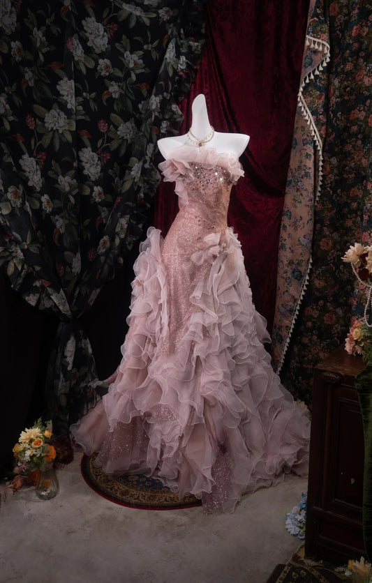Modest Mermaid Strapless Pink Sequin With Tiered High School Dances Prom Dresses Formal Outfits Evening Gown RB8514