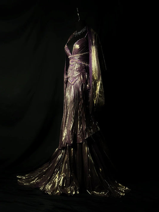 Vintage 90s Prom Dresses A Line Spaghetti Strap Purple Taffeta Tiered Layers With Cape Party Gown Formal Outfits RB6106