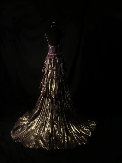 Vintage 90s Prom Dresses A Line Spaghetti Strap Purple Taffeta Tiered Layers With Cape Party Gown Formal Outfits RB6106