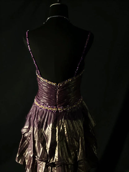 Vintage 90s Prom Dresses A Line Spaghetti Strap Purple Taffeta Tiered Layers With Cape Party Gown Formal Outfits RB6106