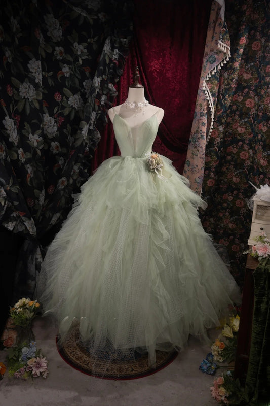 Sophisticated Ball Gown Spaghetti Straps Mint Green Tulle Long With Ruffled Quince Dress Impress Party Gowns Sweet 16 Outfits RB8515